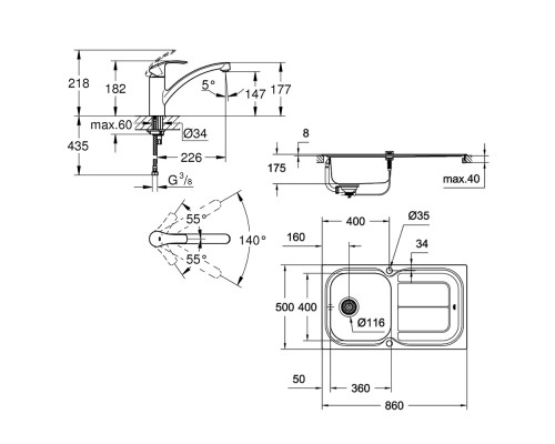Набор Grohe мойка кухонная K300 31565SD0 + смеситель Eurosmart 33281002