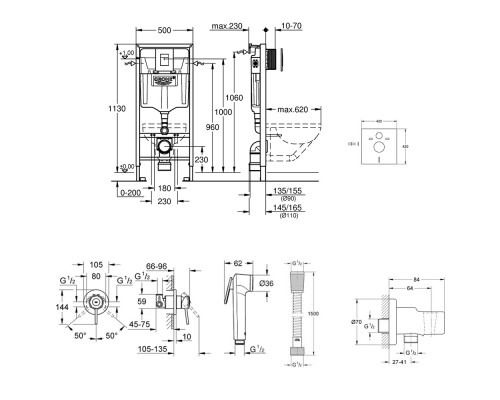 Комплект Grohe инсталляция Rapid SL 38772001 + набор для гигиенического душа со смесителем BauClassic 111048