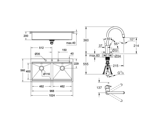 Набор Grohe мойка кухонная K800 31585SD0 + смеситель Concetto 32663DC3