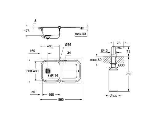 Набор Grohe мойка кухонная K300 31563SD0 + дозатор для моющего средства Contemporary 40536000