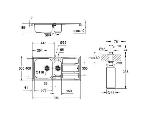 Набор Grohe мойка кухонная K400 31567SD0 + дозатор для моющего средства Contemporary 40536000