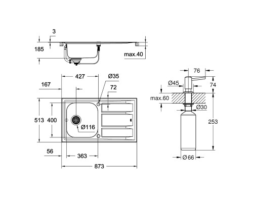 Набор Grohe мойка кухонная K400 31568SD0 + дозатор для моющего средства Contemporary 40536000