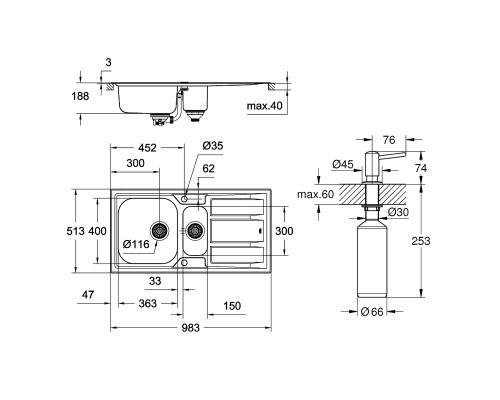 Набор Grohe мойка кухонная K400 31569SD0 + дозатор для моющего средства Contemporary 40536000
