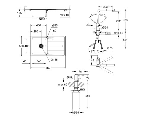 Набор Grohe мойка кухонная K500 31573SD0 + смеситель Minta 32168000 + дозатор для моющего средства Contemporary 40536000
