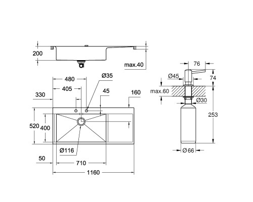 Набор Grohe мойка кухонная K1000 31581SD0 + дозатор для моющего средства Contemporary 40536000