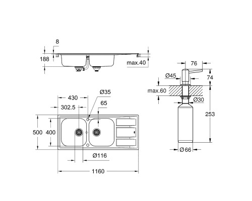 Набор Grohe мойка кухонная K400 31587SD0 + дозатор для моющего средства Contemporary 40536000