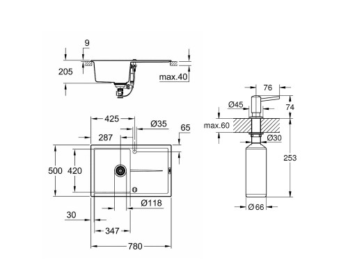Набор Grohe мойка кухонная K400 31639AP0 + дозатор для моющего средства Contemporary 40536000