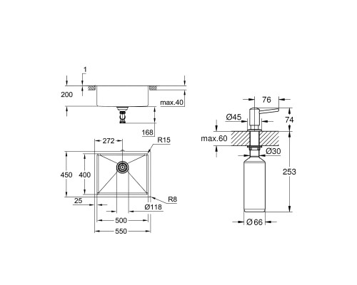 Набор Grohe мойка кухонная K700U 31574SD1 + дозатор для моющего средства Contemporary 40536000