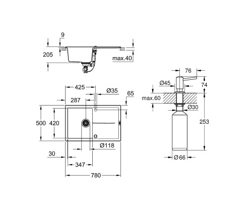 Набор Grohe мойка кухонная K400 31639AT0 + дозатор для моющего средства Contemporary 40536000
